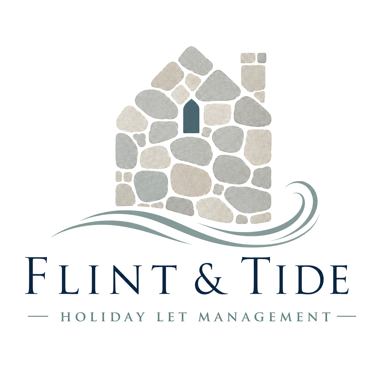 Flint & Tide — stone cottage and tide mark emblem